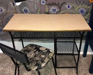 Mid Century Black Iron Mesh Desk & Chair by Loroman with attached Gooseneck task lamp 