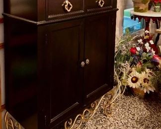 Decorative Black cabinet with Gold Scroll iron legs, 2 drawers and 2 doors