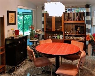 1980's Rose Velvet and Gold Cantilever Chromcraft chairs 
1980's Deep Rose Bamboo Laminate Mastercraft Iron table base 