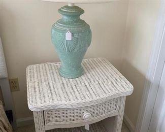 Wicker Bedside Table, One of a Pair with One of Many Lamps