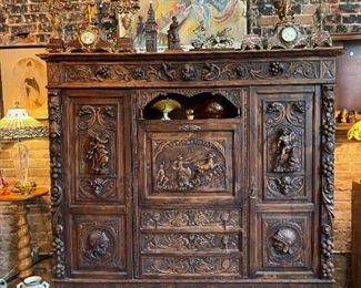 Antique Hand Carved Figural Sideboard