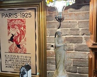 Nude Figural Lamp with Stained Glass Shade