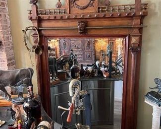 Antique Large Bar / Saloon Mirror with Lion's Head Brass Top Rail