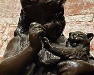 "Girl Holding Cat" Bronze Sculpture by JERANIER