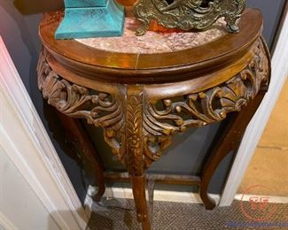Hand Carved Half Moon Table with Marble Inlay