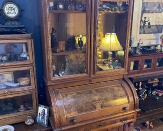 Antique Burlwood Roll Top Secretary with Glass Front Bookcase