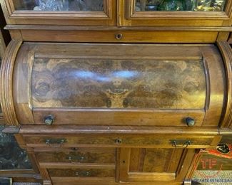 Antique Burlwood Roll Top Secretary with Glass Front Bookcase