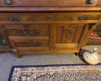 Antique Burlwood Roll Top Secretary with Glass Front Bookcase