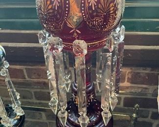 PAIR - Ruby Red Decorated Mantle Lusters with Prisms and Hand Painted Enamel 