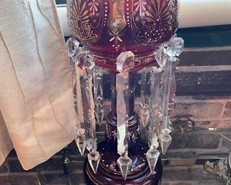 PAIR - Ruby Red Decorated Mantle Lusters with Prisms and Hand Painted Enamel 