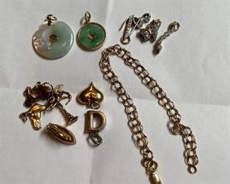 14k charm bracelet, Jade charms, diamond charms, 14k charms