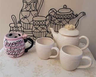 Metal Sign, Teapot and Cups