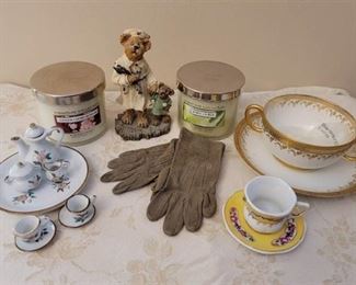 Boyd's Bear, 2 Candles, Tea Set, China Cups, and Gloves