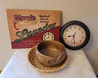 Wooden Moms Laundry Sign, Wooden Bowl, Basket, and Clock