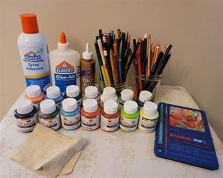 Colored Pencils, Glue, Spray Adhesive, and Perm Enamel