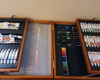 Wooden Box Full of Paint, Pastels, Colored Pencils, and Markers