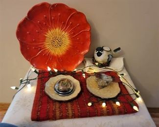 Table Runners, Plate, Birds, Paperweight, and String of Lights