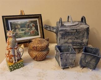 Handmade Teapot and Cups, Picture, and Cats