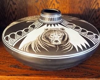 Authentic Native American Black Horse Pottery Vase With Grizzly Bear Motif, Signed By Artist Blackhorse, 6" x 12"