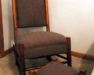 Antique Turned Wood Rocker With Carved Figural Back, 45" x 20" x 32", With Matching Foot Stool, Seat And Back Have Been Re-upholstered