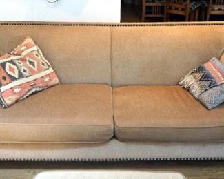 Pier One 2 Cushion Sofa With Nail Head Trim And Rolled Arms, 33" x 81" x 36", Includes Southwest Style Throw Pillows, Qty 2