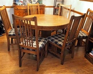 Antique Oak Pedestal Dining Table On Casters With 11" Leaves, Qty 2, Including Mission Style Dining Chairs With Upholstered Seat, Qty 6