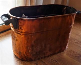 Antique Copper Boiler Wash Tub With Wood Handles, 31.5" x 11" x 8", Full Of Oversized Pine Cones And Hammered Copper Bowl