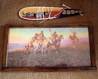 Framed Under Glass "The Red Man's Wireless", 7.75" x 14.5" And Painted Wood Bull-Roarer