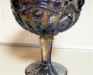 Imperial Amethyst Smoke Carnival Glass Pedestal Bowl, 8" x 7" Diameter