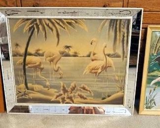 1950's Turner Flamingo Print In Mirrored Wood Frame, 26.5" x 32.5", Hand Painted Crane, 20.5" x 16.5", And Paint By Numbers Flamingos