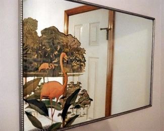 Vintage 1950's Mid Century Modern Robert Stern Pink Flamingo And Flock Wall Mirror, 20.5" x 30.5"