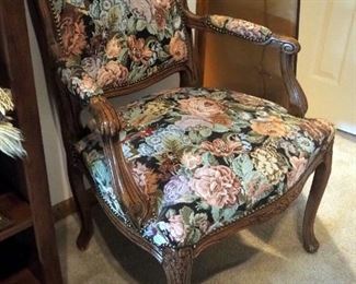 Antique Upholstered Accent Chair With Carved Accents And Brass Nail Head Trim, 38" x 27" x 22"
