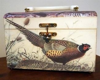 Royal Haeger Pottery Duck Bowl 7" x 15", Pheasant Hard Sided Jewelry Case, Framed Pheasant Wall Art 13" x 14.5", And Hand Painted Miniature Duck Decoy