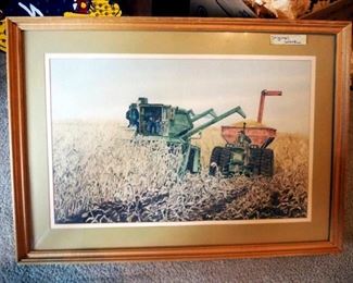 Framed Matted Under Glass 1970 Original Watercolor "Corn Harvest" By Ed Johnson, 19.5" x 27.25"