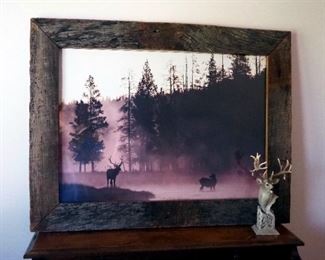 Barn Wood Framed Elk Wildlife Photograph Print 25" x 32.5" And Mill Creek Studios Cast Resin 10.5" Elk Marked 38190 Hillside