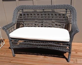 Woven Reed Patio Bench, 37" x 53" x 24", Adirondack Chair 40" x 27" x 40", And Square Top End Table, 18" x 17" x 17"