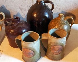 Stoneware Jug Assortment, Qty 3, Various Sizes, And Renaissance Festival Pottery Mugs, Qty 2