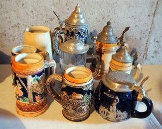 German Beer Stein Assortment, Includes Villeroy & Boch, Various Styles And Sizes, Total Qty 9
