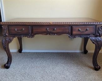 Chippendale Style Carved Wooden Desk w/ Burled Top