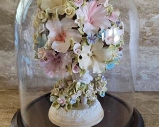 Porcelain Flower Arrangement in Glass Dome Display