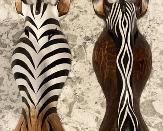 (2) Whimsical Folk Art: Wood Zebra Head Wall Decor