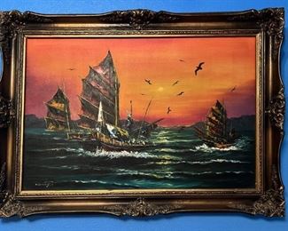 Painting of Chinese Junk Ship in Gilt Gold Frame