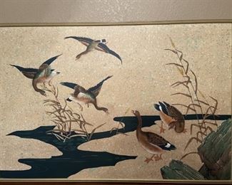 Framed Vintage Painting of Ducks on Canvas