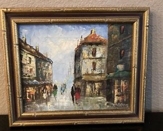 City Street Scene Framed Oil on Canvas is 12 x 10