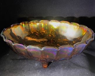 Iridescent amber Carnival glass footed bowl