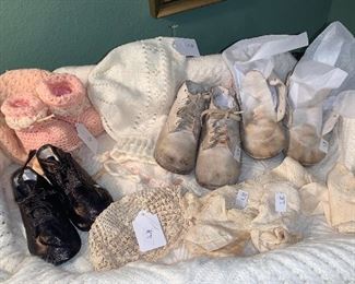 Vintage baby shoes, hats, socks, blankets
