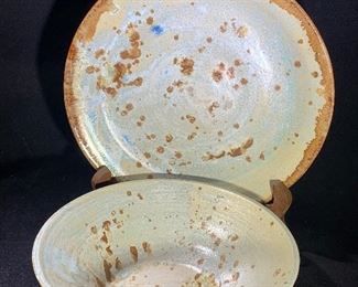 Studio art pottery speckled bowl and plate set