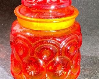 Moon and Stars amberina vintage glass canister 