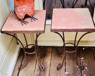 Pair of outdoor metal/terracotta occasional tables 