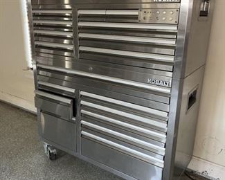 Kobalt 3000 Series 53-in W x 68.7-in H 18-Drawer
Stainless Steel Rolling Tool Cabinet (Stainless Steel) Includes 18 drawer stainless steel chest and cart, casters, magnetic power supply, drawer liners, Magnetic power supply allows you to move your power wherever you need it with 6 outlets and 2 USB ports, Integrated blue tooth technology with speakers allows you to pair your phone or other device for easy listening to your favorite tunes or radio station